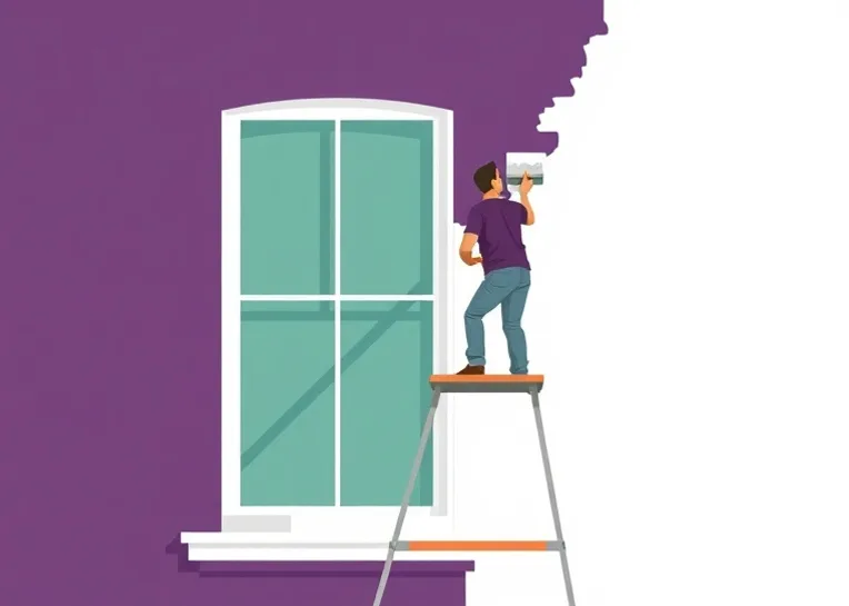 Peintre sur échafaudage traitant la façade d'une maison